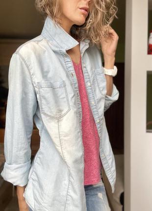 Рубашка женская, свободная, коттон, светлый джинс6 фото