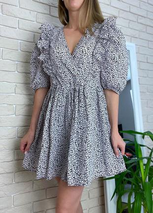 Катоновое хлопковое платье с воланами рюшами в мелкий цветочек h&m