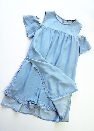 Джинсовое платье ромпер от zara c открытыми плечами7 фото