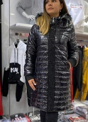 Стильная удлиненная куртка, пальто, люкс качество,стразы сваровски, размер 5хл.