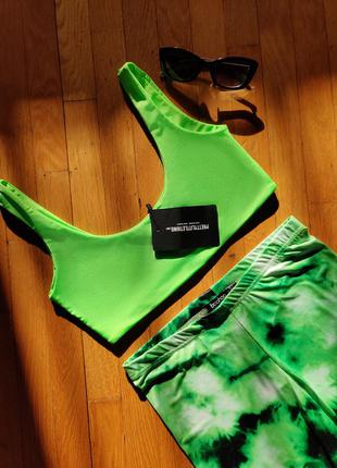 Зелёный неоновый спортивный комплект тай-дай майка+велосипедки 💚🖤 с замерами