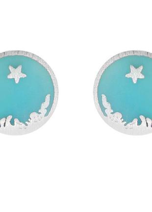 Сережки небо бірюзового кольору, круглі маленькі сережки, срібне покриття 925 проби
