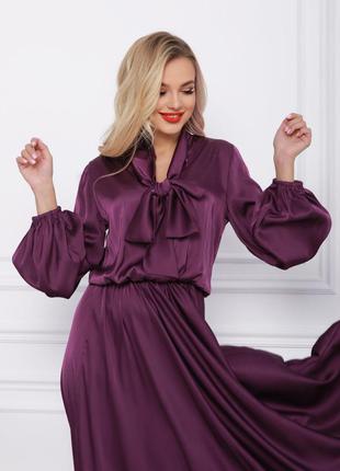 Фиолетовое шелковое платье с воротником-бантом2 фото