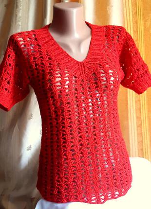 Джемпер, вязаный, ажурный, с коротким рукавом /эксклюзив /ручная работа /винтаж