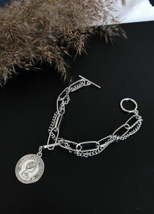 Браслет 2021 трендовий сріблястий ланцюжок ланцюга з монетою стильний медальйон масивний