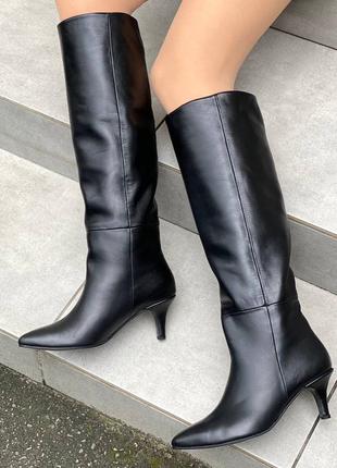 Кожаные сапоги -трубы на шпильке 6 см,осень/зима