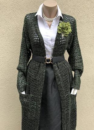 Длинный,вязанный,ажурный(сетка) кардиган(кофта) без застежки с накладными карманами.