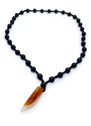 🐺🌑 мужское колье бусы с подвеской "клык" натуральный камень черный агат