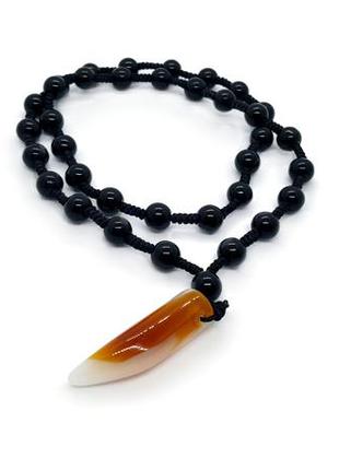🐺🌑 мужское колье бусы с подвеской "клык" натуральный камень черный агат