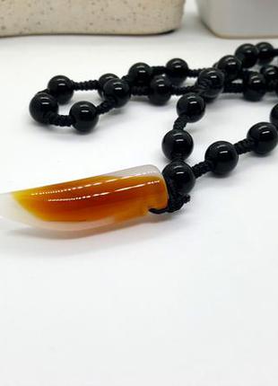 🐺🌑 мужское колье бусы с подвеской "клык" натуральный камень черный агат