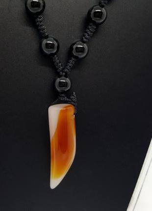 🐺🌑 мужское колье бусы с подвеской "клык" натуральный камень черный агат