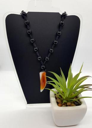 🐺🌑 мужское колье бусы с подвеской "клык" натуральный камень черный агат
