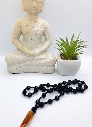 🐺🌑 мужское колье бусы с подвеской "клык" натуральный камень черный агат