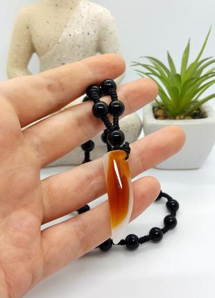 🐺🌑 мужское колье бусы с подвеской "клык" натуральный камень черный агат