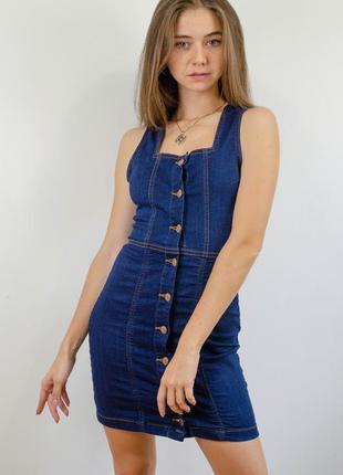 Parisian темно синее джинсовое мини платье с квадратным вырезом на пуговицах, короткое міні сукня4 фото