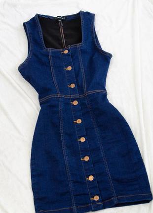 Parisian темно синее джинсовое мини платье с квадратным вырезом на пуговицах, короткое міні сукня1 фото