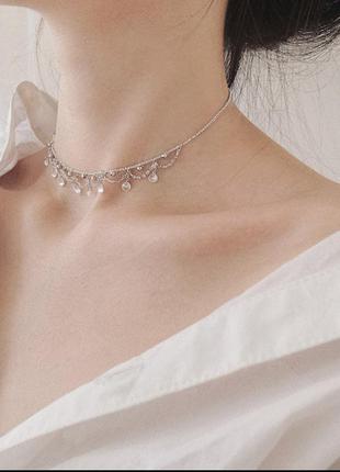 Ожерелье-чокер из камней и шариков, серебряное покрытие 925 пробы