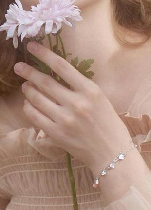 Браслет две цепочки с нежно-розовыми сердцами, двойной браслет на руку, серебряное покрытие 925 пробы