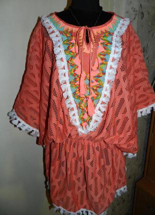 Яркая блузка-туника с вышивкой и кистями,пляжная туника,бохо,большого размера,оверсайз,may