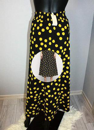 Макси юбка в несимметричный желтый горох capsule черная в горошек4 фото