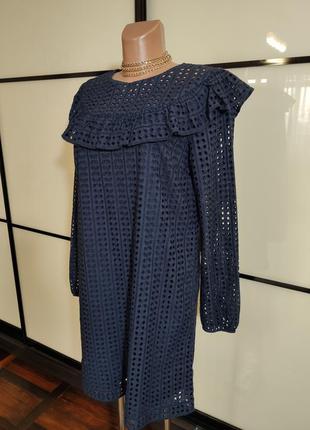 Next темно-синее коттоновое платье из прошвы с рюшами uk 124 фото