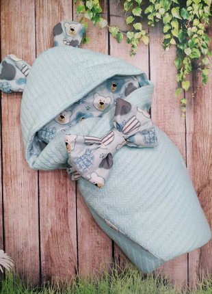 Конверт-одеяло с хлопковой косичкой  с ушками деми зима