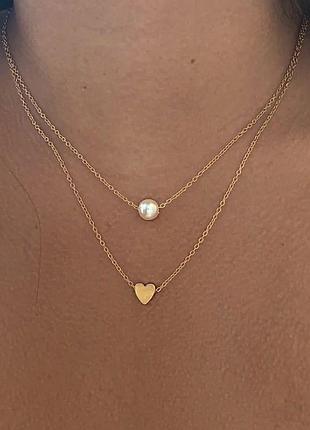 Двойная цепочка сердце жемчуг много ослойная цепочка с подвесками