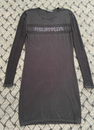 Чёрное трикотажное хлопковое платье с сеткой philipp  plein1 фото