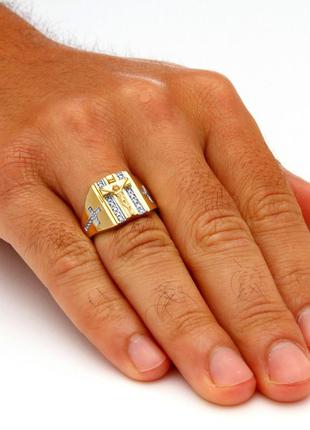 Золотистое кольцо перстень мужской женский унисекс с распятием 14146 в стразах под золото стильное
