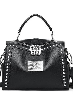 Женская чёрная кожаная сумка рюкзак4 фото
