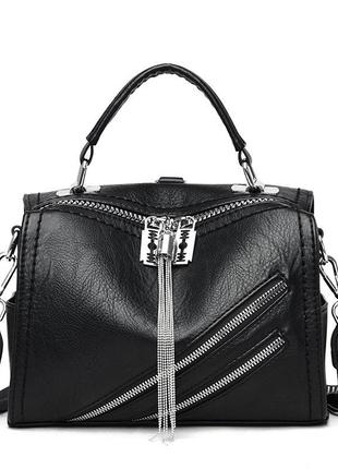 Женская чёрная кожаная сумка рюкзак6 фото