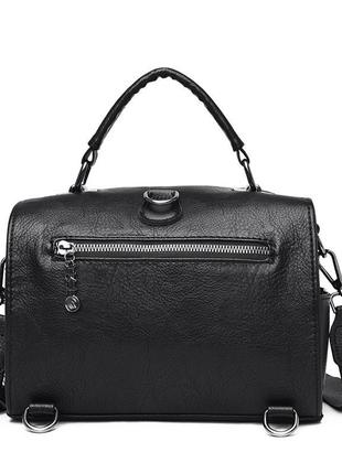 Женская чёрная кожаная сумка рюкзак5 фото