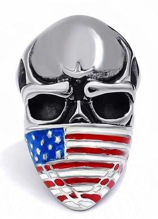 Большой серебристый хромовый байкерский мужской перстень "экстрим" с банданой американским флагом