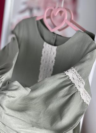 Лляна сукня з мереживом довгий рукав ззаду бантик2 фото