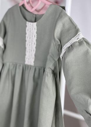 Лляна сукня з мереживом довгий рукав ззаду бантик5 фото