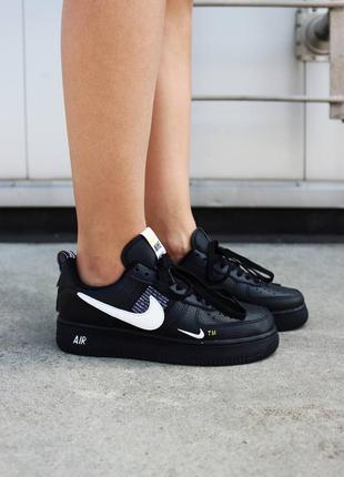 Кроссовки кожаные черные женские air force 1 black white❤️