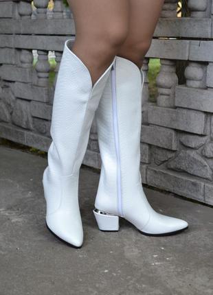 Сапоги кожаные казаки белые с острым носком на каблуке 6 см2 фото