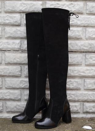 Ботфорти з натуральноі шкіри, замші на високому підборі 9см. на середню, широку і стандартну ніжку