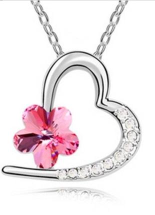 Романтичний медальйон кулон під срібло у стразах з рожевим каменем квіточкою квіткою на ланцюжку