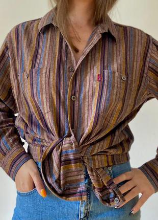 Актуальна вільна сорочка з чоловічого плеча в теплих відтінках в смужку коричнева сіра руда смужка бавовна