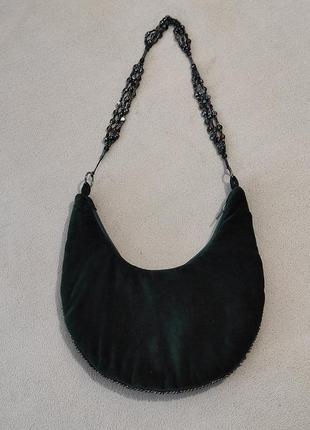 Винтажная сумочка зеленая велюровая с вышитым бисером и бусинами4 фото