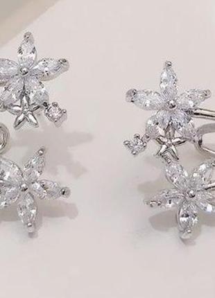 Сережки-гвоздики подвійні з квіточками з каменів, ошатні сережки, срібне покриття 925 проби1 фото
