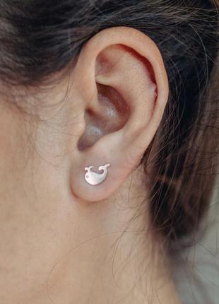 Серьги кит с глазками из фианитов, сатинированное серебряное покрытие 925 пробы