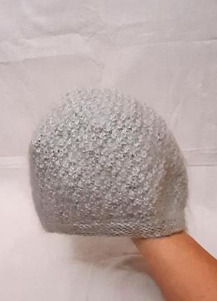 Мохеровая шапочка жіноча сіра вовна/мохер демісезонна нитки індія