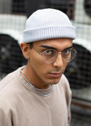 Осіння шапка біні з відворотом світло-сірого кольору without 8048087