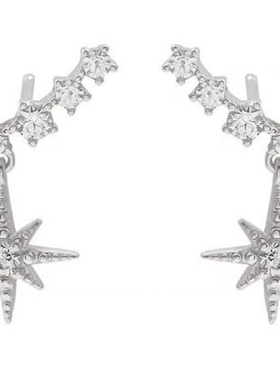 Серьги-клаймберы с восьмиконечной звездой с камнями, сережки по мочке уха, серебряное покрытие 925 пробы
