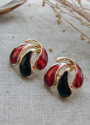 Елегантні сережки гвоздики у вінтажному стилі колір чорний червоний золото