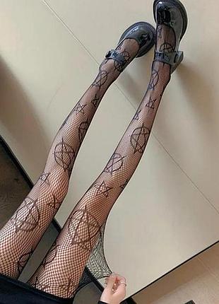 Черные колготы в сетку с рисунком крупные звезды
