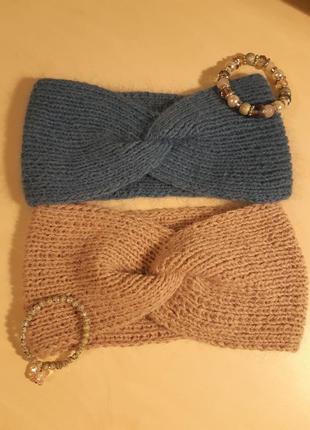 Повязка на голову с ангорского кролика.(цвет-пудра и петроль) готовим подарки!