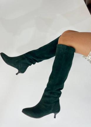 Ексклюзивні чоботи натуральна італійська замша та шкіра смарагд на шпильці